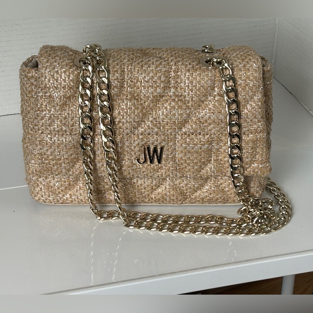 Jason Wu JW Women’s Quilted Straw Shoulder Bag Vegan Leather Gold Chain